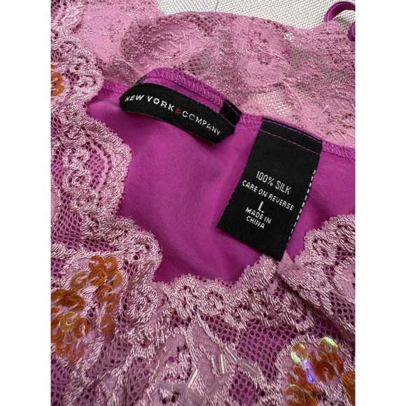 Sexy Ny&Co Silk Cami Babydoll Tee Womens Large Lace Sequins Hot Pink - Picture 2 of 11